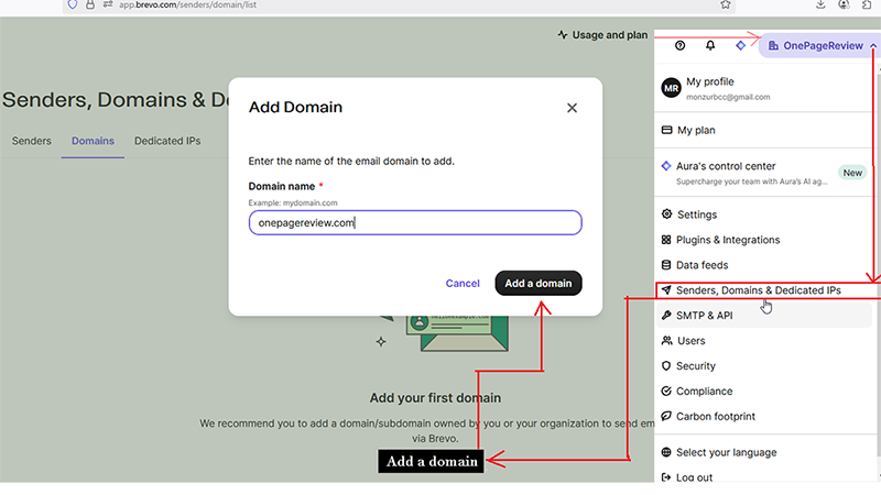 Adding domain at brevo.com