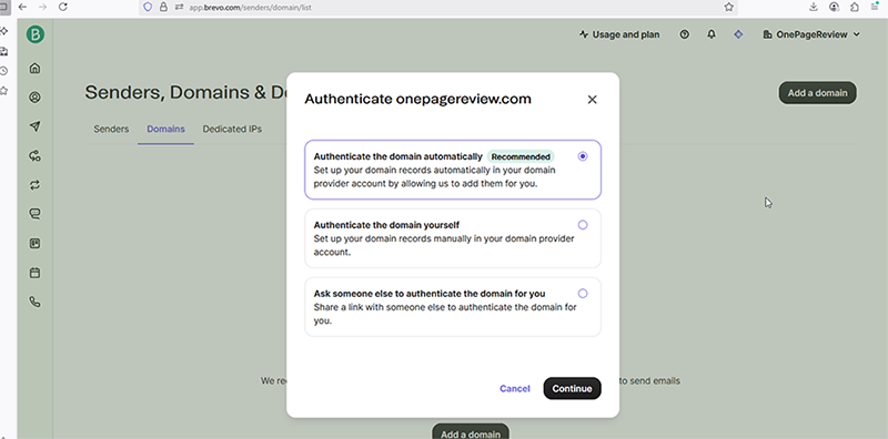 Adding domain at brevo.com