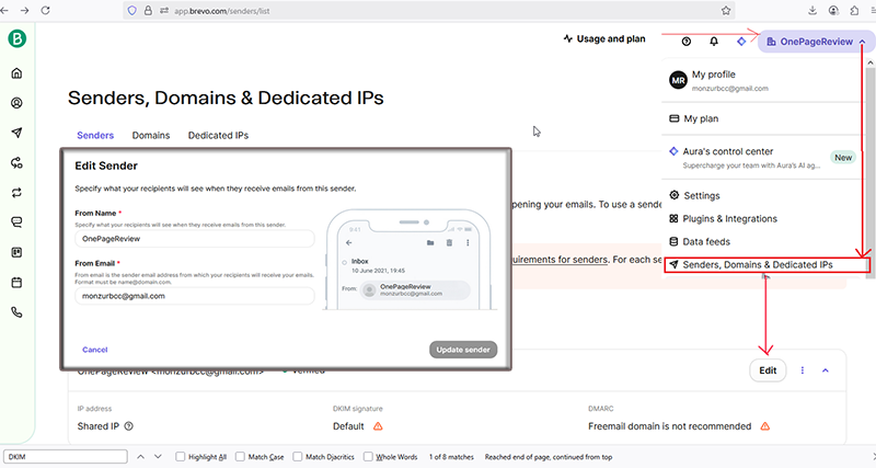 sender email setup